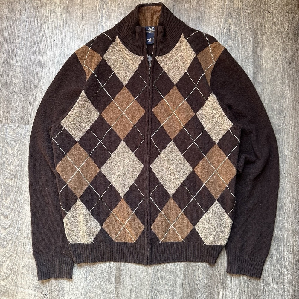 Brooks Brothers Brown Argyle Full Zip Sweater Cardigan‎ Size Medium Preppy Y2k